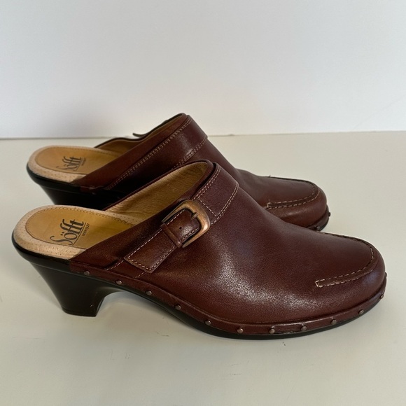 Sofft Brown Leather Boho Comfort Mule Clogs with 2”heel and Cross Buckle Sz 9M - Picture 3 of 12